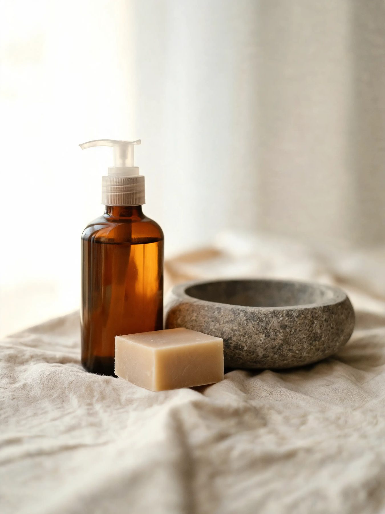 Amber glass bottle and a cut bar of soap on linen beside a stone basin